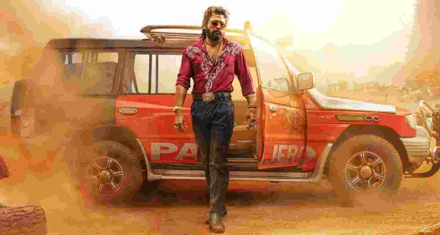 Allu Arjun jumps into action as the character 'Pushpa'. Image via X.