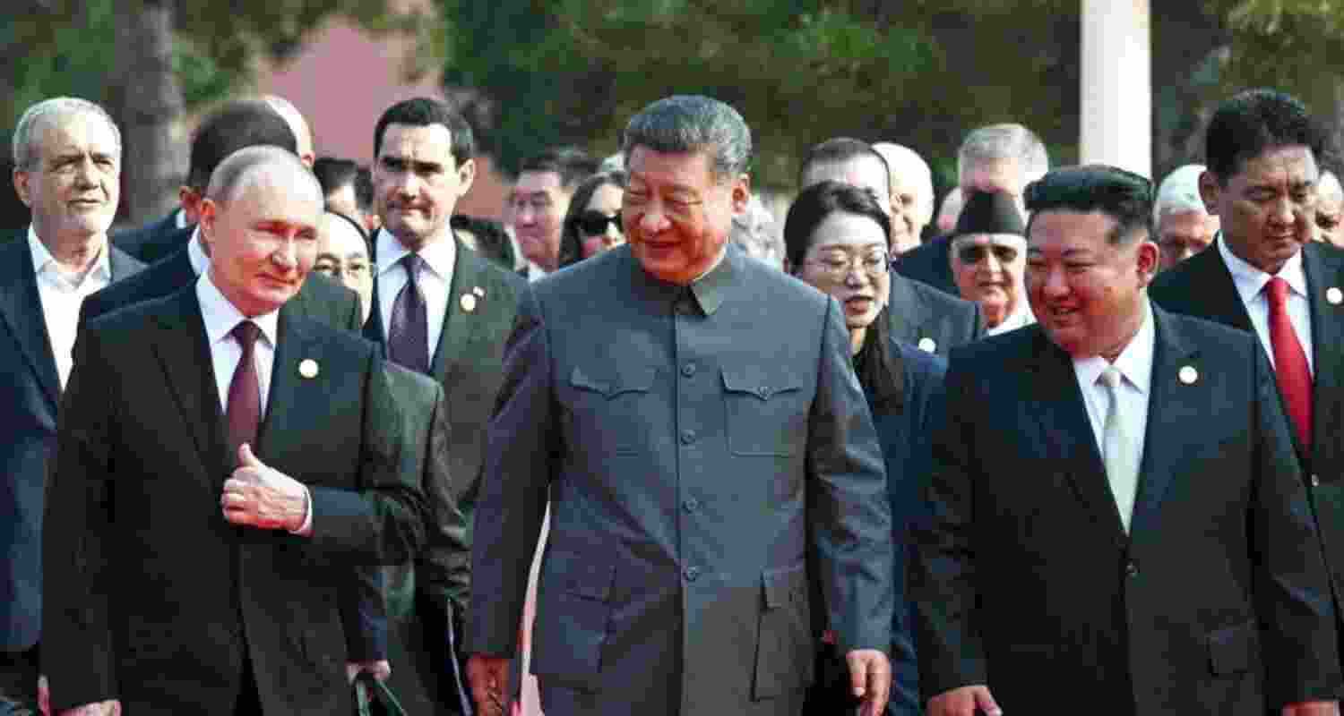 Russia's President Vladimir Putin with Chinese leader Xi Jinping and North Korea's leader Kim Jong Un before a military parade marking the 80th anniversary of the end of World War II in Beijing on September 3, 2025. 