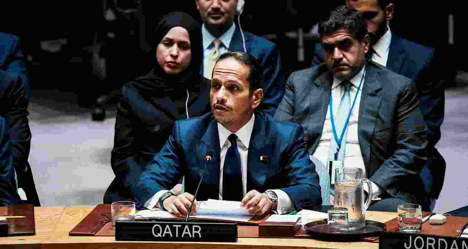 Qatar's Prime Minister and Minister for Foreign Affairs Sheikh Mohammed bin Abdulrahman bin Jassim Al-Thani addresses to delegates during an emergency meeting of the United Nations Security Council, following an Israeli attack on Hamas leaders in Doha, Qatar, at U.N. headquarters in New York.