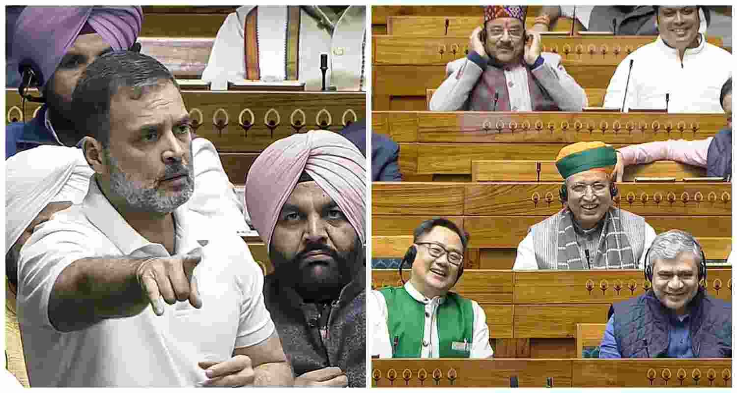 Leader of Opposition in the Lok Sabha Rahul Gandhi speaks in the House during the Winter session of Parliament, in New Delhi on Saturday (L). Union Minister Pralhad Joshi, Kiren Rijiju and Ashwini Vaishnaw react amid Leader of Opposition in the Lok Sabha Rahul Gandhi's speech in the House during the Winter session of Parliament, in New Delhi  on Saturday.