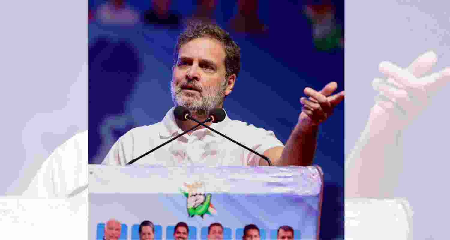 Leader of the Opposition and Congress MP Rahul Gandhi addressea ddresses the party convention attended by State Committee members, District and Block Presidents, and AICC members, at Ravindra Bhawan, in Bhopal. 