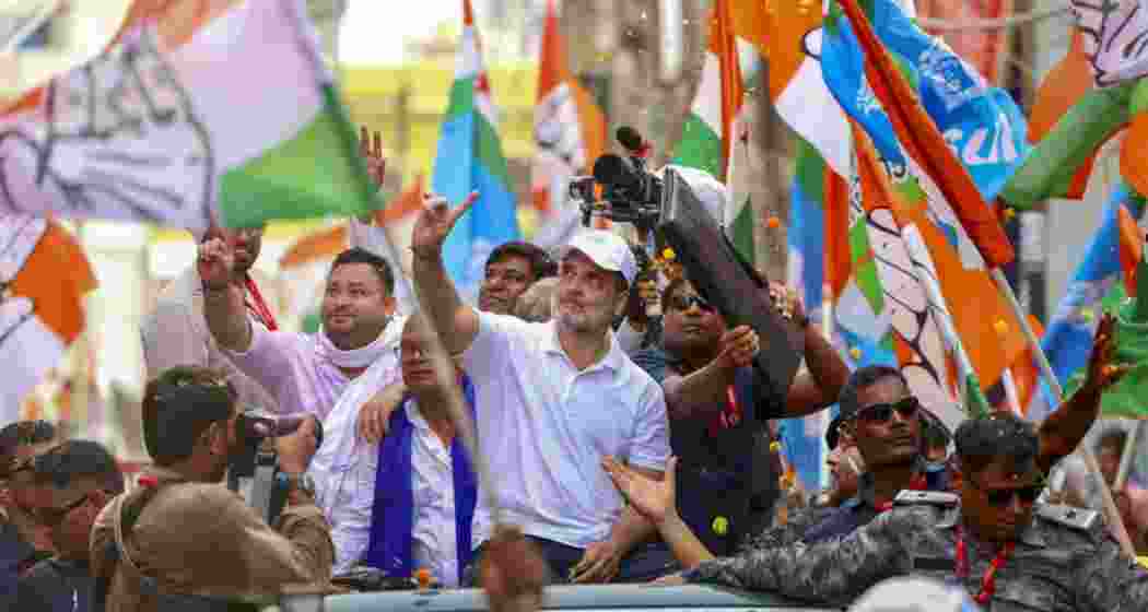 Congress leader Rahul Gandhi with RJD leader Tejashwi Yadav and Bihar Congress President Rajesh Ram during the second leg of ‘Voter Adhikar Yatra’ in Bihar.