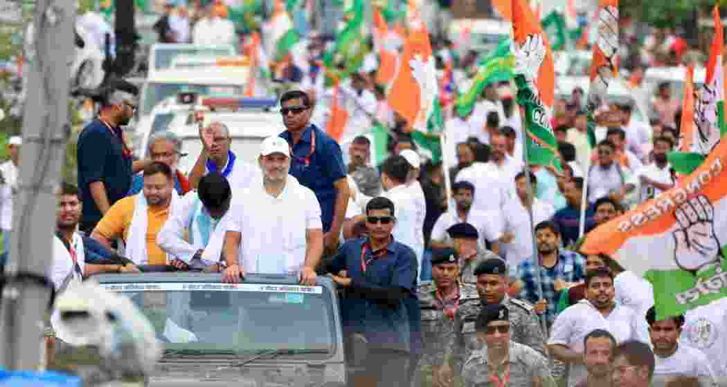 Rahul Gandhi seen with Tejashwi Yadav during the ‘Vote Adhikar Yatra’ rally in Bihar.
