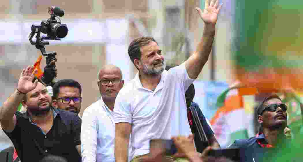 Lok Sabha and Congress leader Rahul Gandhi with LoP in Bihar Assembly and RJD leader Tejashwi Yadav, along with Bihar Congress President Rajesh Kumar, during his 'Voter Adhikar Yatra', in Aurangabad district, Bihar on Monday.