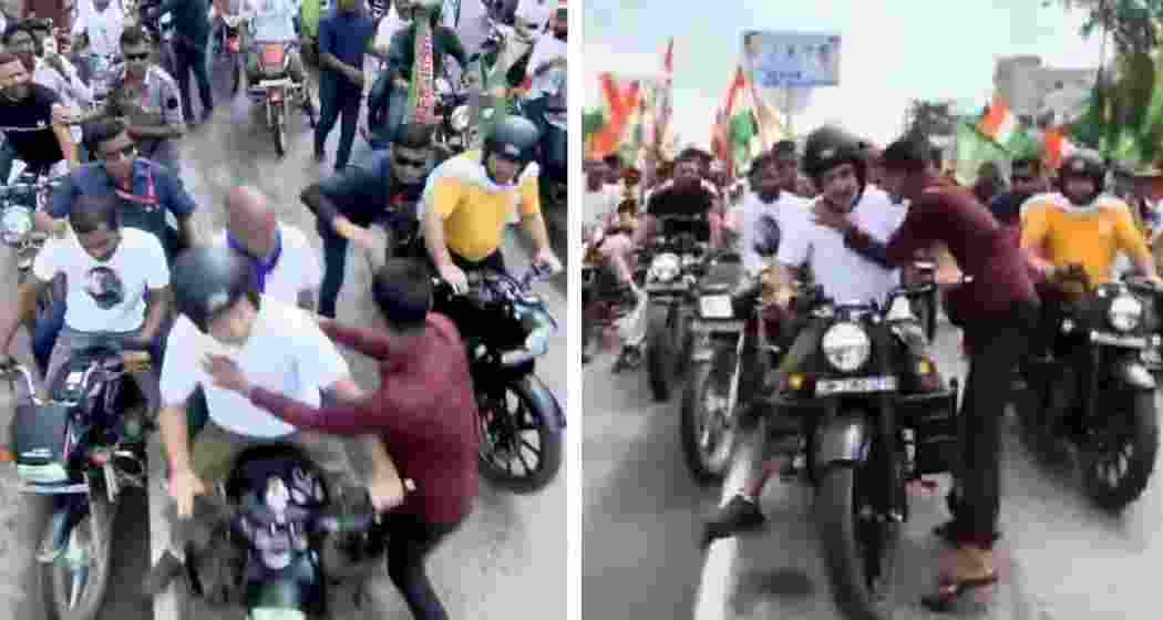 Screengrabs capture the moment a man hugged and kissed Rahul Gandhi during the Voter Adhikar Yatra.