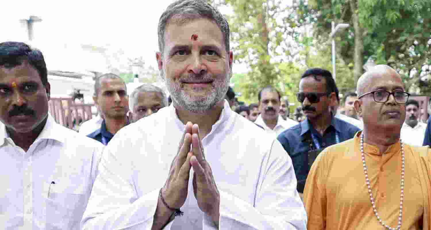 Leader of Opposition in the Lok Sabha Rahul Gandhi greets upon his arrival at Sivagiri Mutt, in Kollam, Kerala.