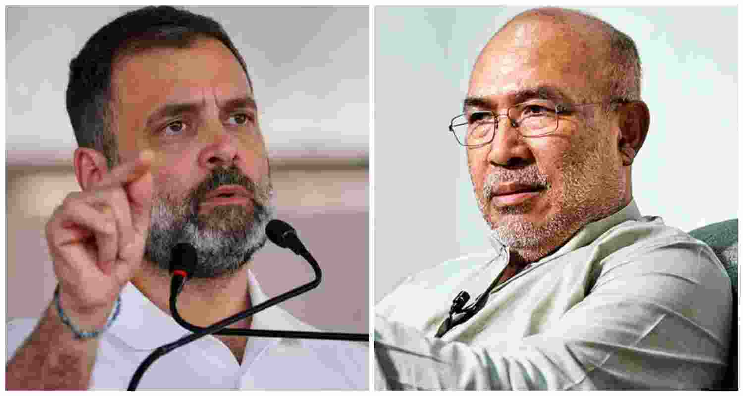 Leader of Opposition Rahul Gandhi (L), former Manipur Chief Minister Biren Singh (R).