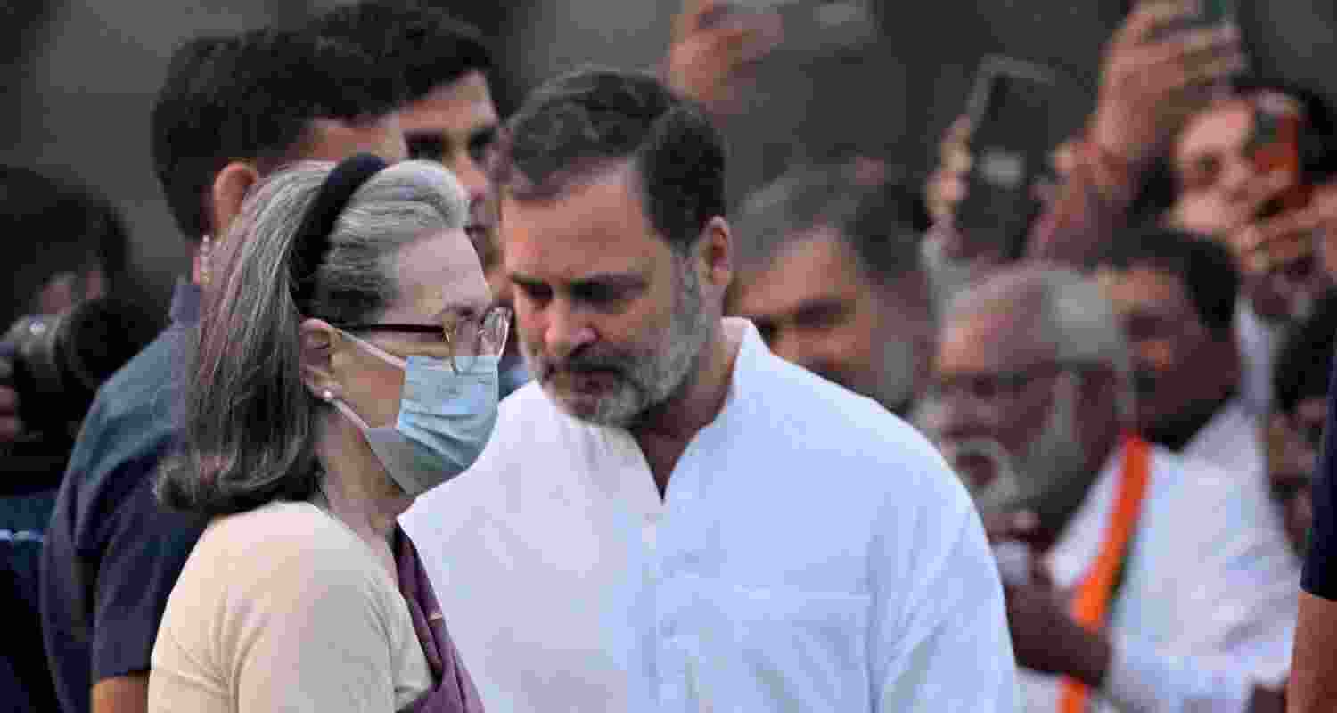 Congress President Mallikarjun Kharge with LoP in the Lok Sabha and party leader Rahul Gandhi and party leader Sonia Gandhi arrives to pay tribute to former prime minister Indira Gandhi on her death anniversary, at Shakti Sthal in New Delhi, Friday.