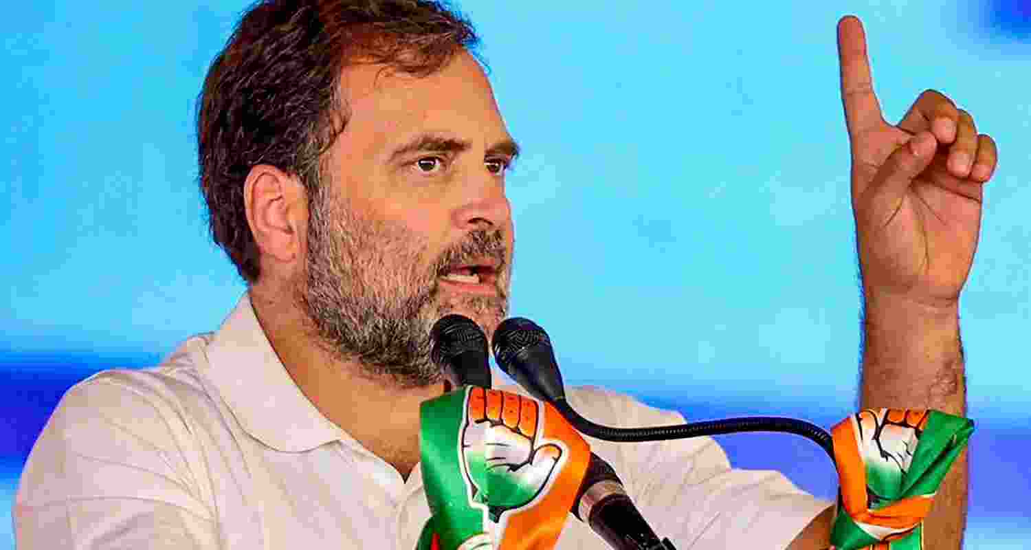 Congress leader Rahul Gandhi addresses a public meeting. 