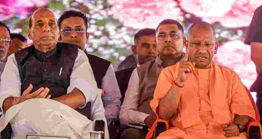 Defence Minister Rajnath Singh and Uttar Pradesh Chief Minister Yogi Adityanath attend the Silver Jubilee celebration of Dr KNS Memorial Hospital (Mayo Medical Center), in Lucknow, Tuesday.
