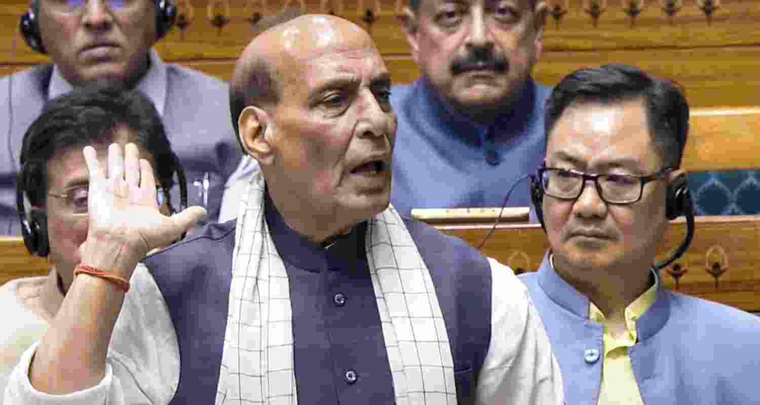 Defence Minister Rajnath Singh speaks during a debate in the Lok Sabha on the Pahalgam terror attack and Operation Sindoor, at the Monsoon session of Parliament, in New Delhi, Monday.