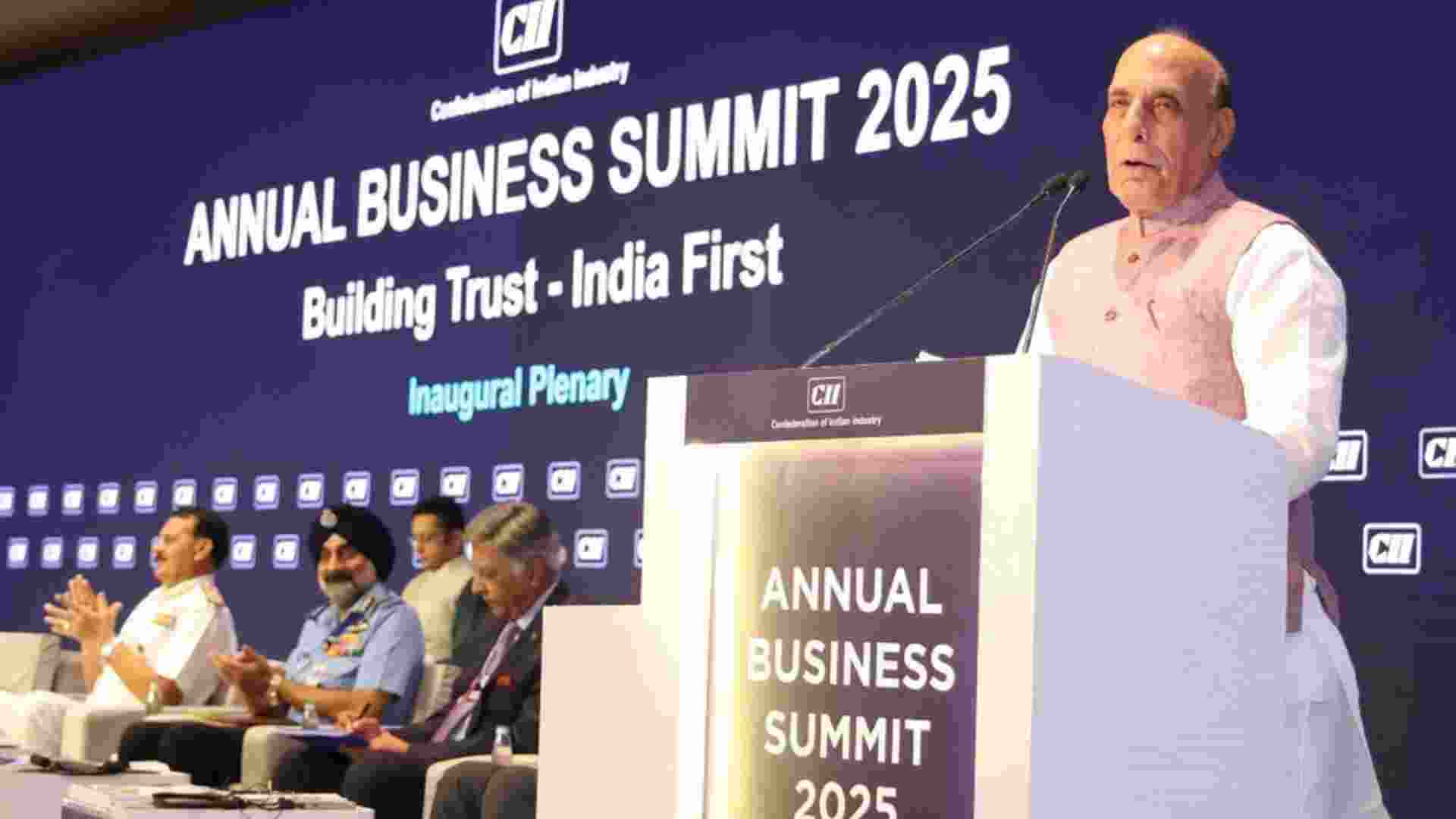 Defence Minister Rajnath Singh addresses the inaugural plenary of the Confederation of Indian Industry.