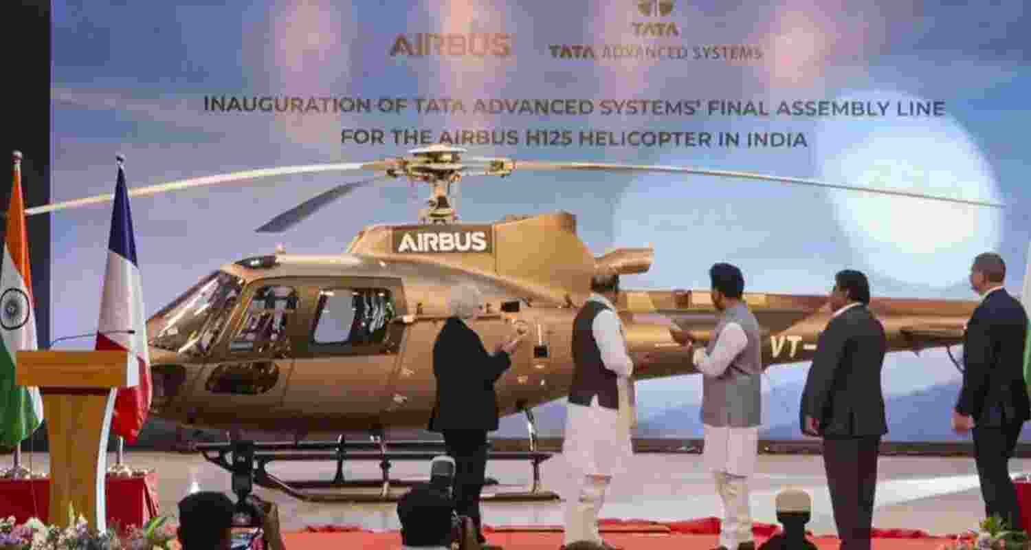 Defence Minister Rajnath Singh with French Defence Minister Catherine Vautrin during the launch of Tata Advanced Systems Limited's (TASL) final assembly line for the Airbus H125 helicopters.