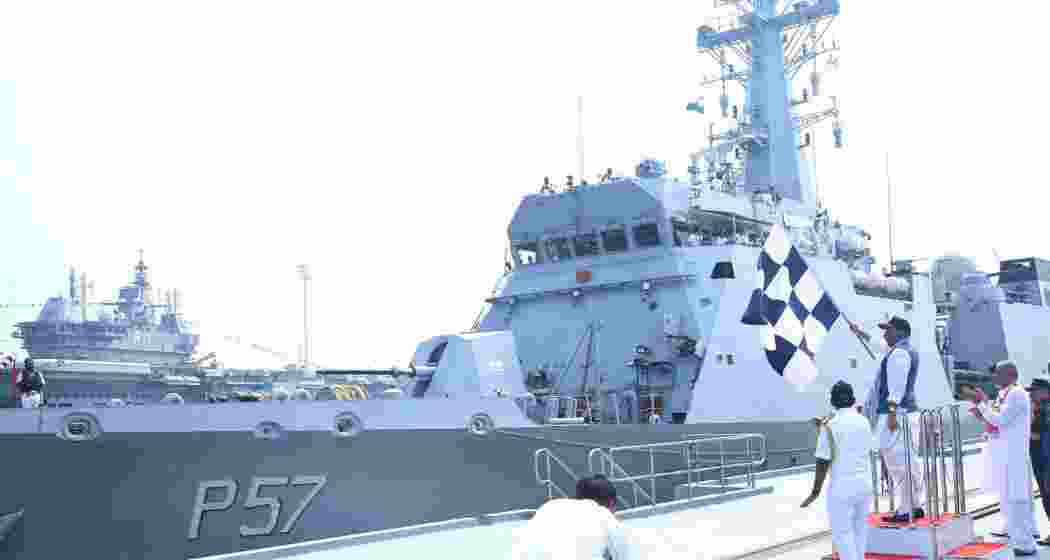 Defence Minister Rajnath Singh flags off INS Sunayna, launching the IOS SAGAR mission from Karwar Naval Base, Karnataka, on April 5, 2025. ​