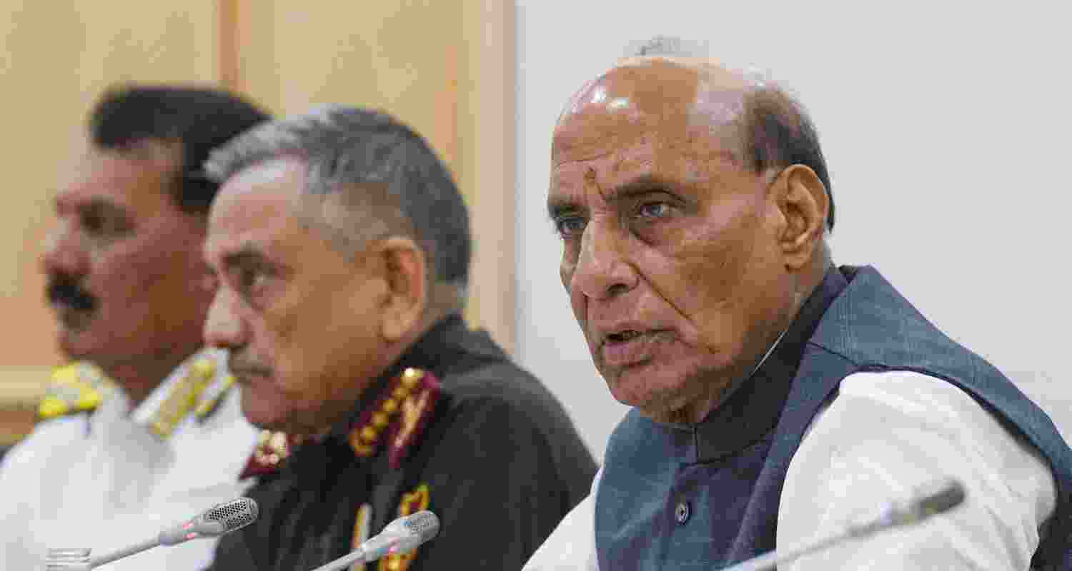 Union Defence Minister Rajnath Singh speaks during the 'Opportunities in Defence Manufacturing in the Country' conference, at Vigyan Bhawan, New Delhi, Tuesday,