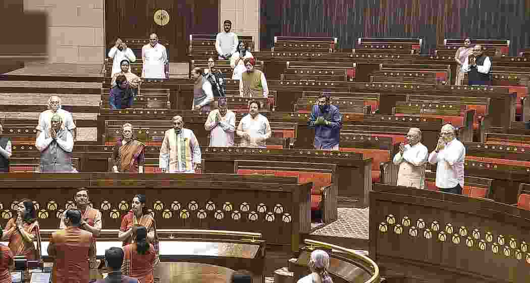 Opposition members in the Rajya Sabha during the Budget session of Parliament, in New Delhi, Thursday, April 3, 2025. 