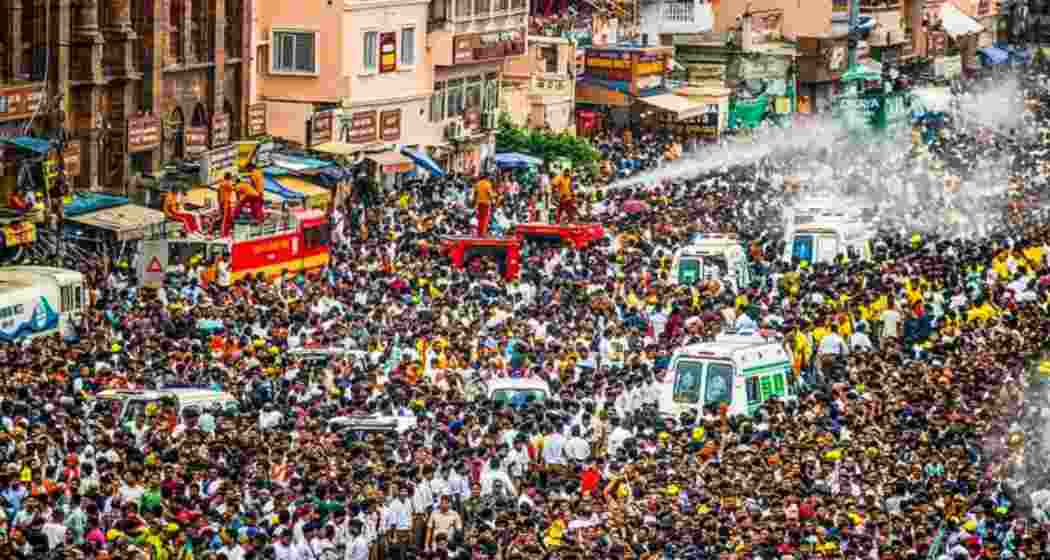 Devotees gather in large numbers along the Grand Road in Puri during the Jagannath Rath Yatra on Sunday morning, hours before a stampede near the Gundicha Temple claimed three lives.