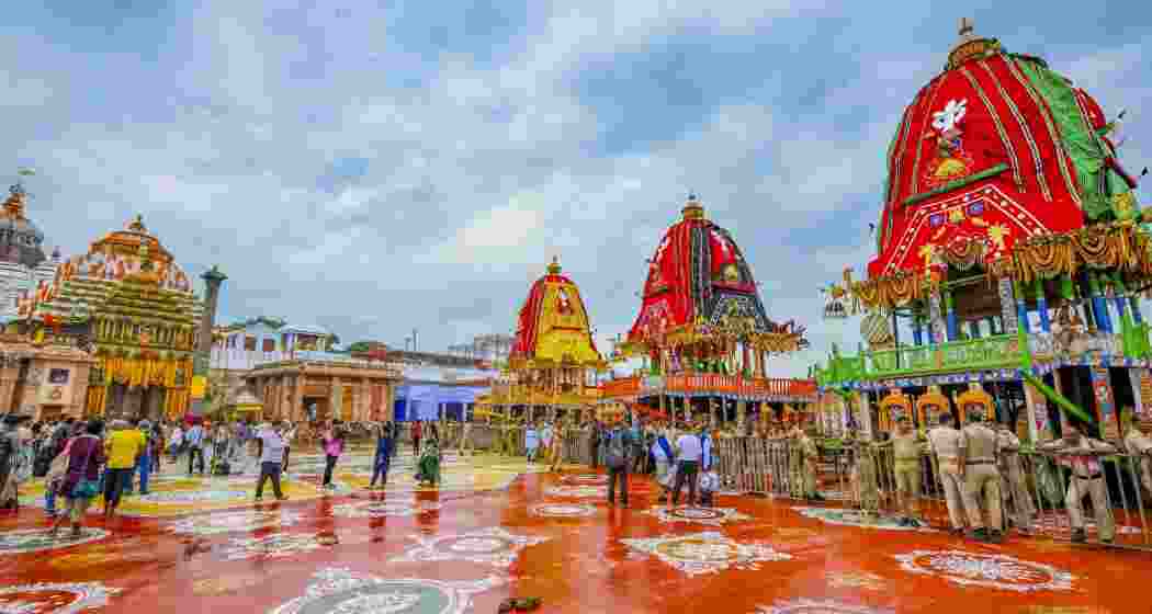 The three ceremonial chariots stand ready to roll down Puri’s Grand Road, carrying Lord Jagannath, Balabhadra, and Subhadra for the annual Rath Yatra procession.