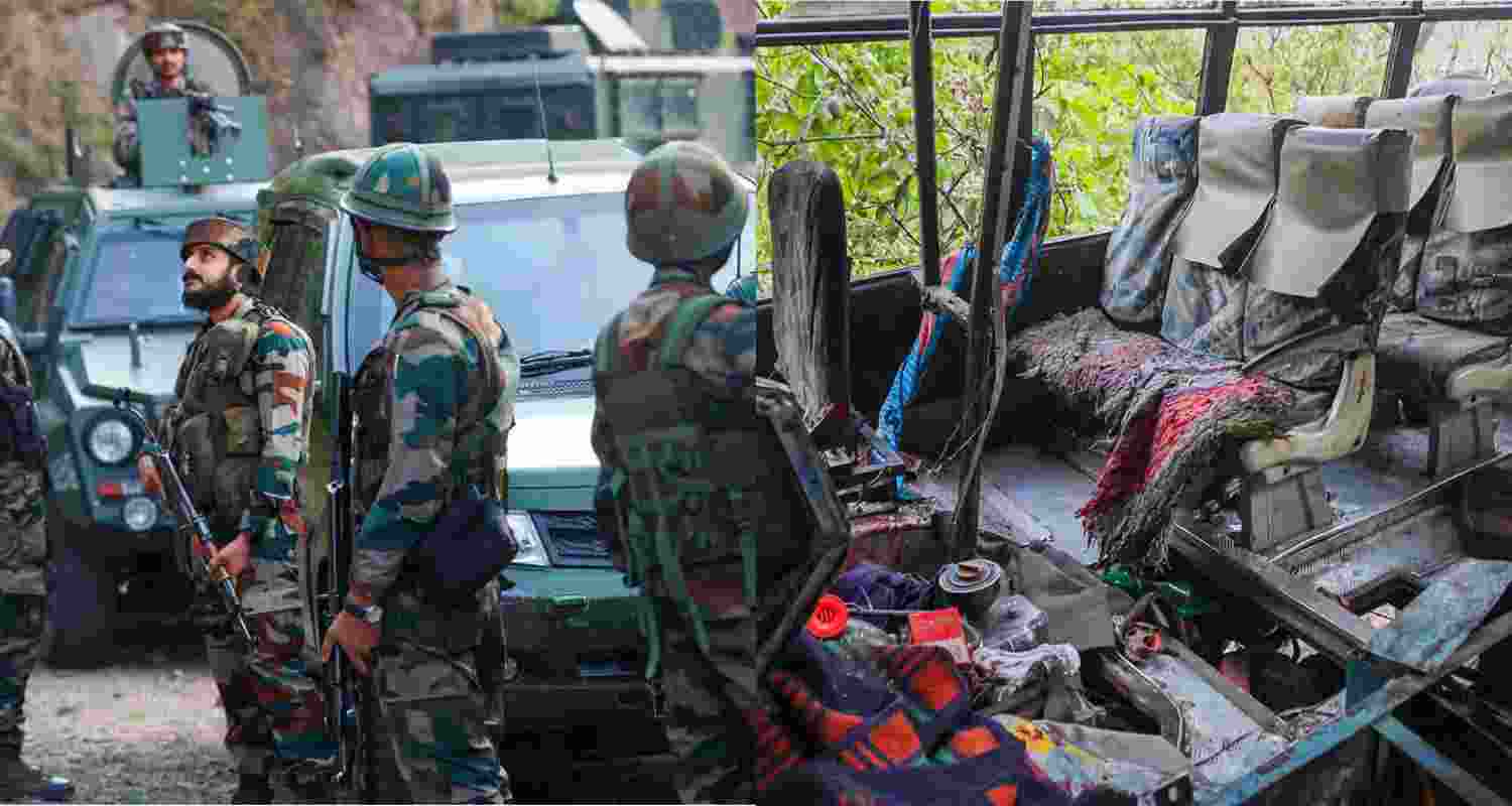Army personnel during a search operation after a bus carrying pilgrims was ambushed by terrorists, in Reasi (left), and the damaged inside of the bus (right). 