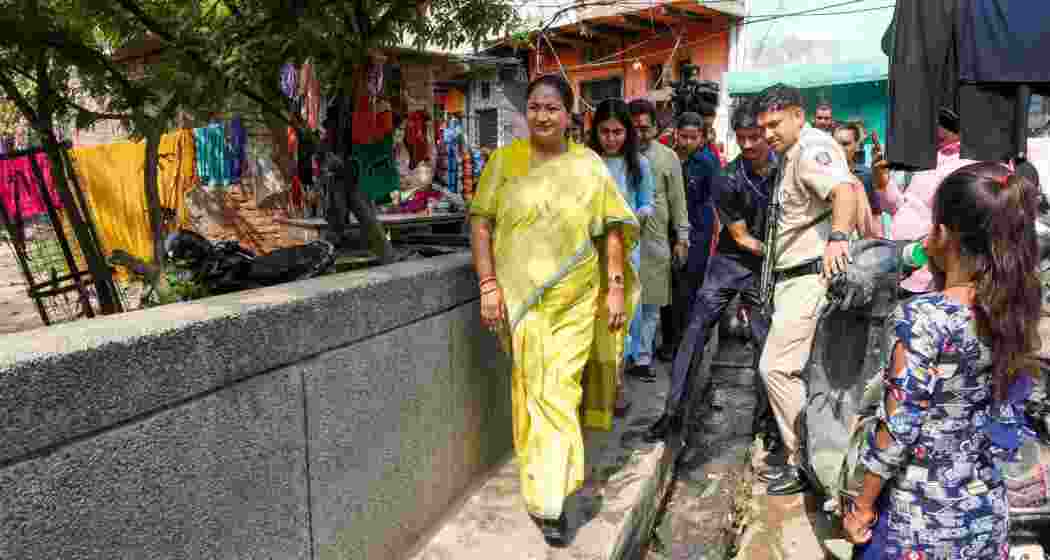 Delhi Chief Minister Rekha Gupta during her visit to inaugurate construction work of 24-seater JSC (Jan Sewa Camp) at JJ Cluster, Nehru Camp, Haiderpur, in New Delhi, Sunday.