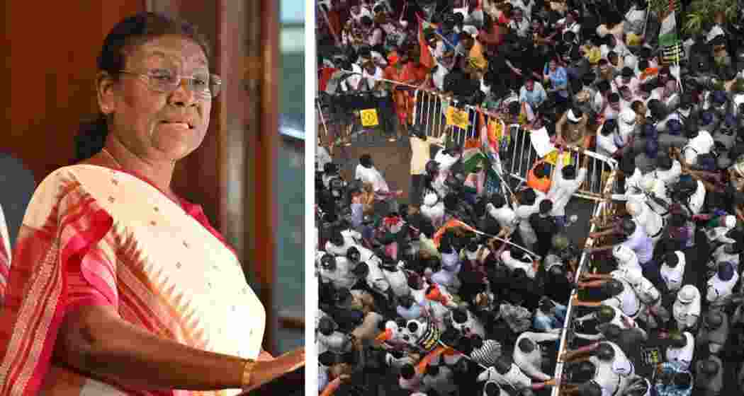 President Droupadi Murmu and a photograph of the alleged police assault during the anniversary protest.