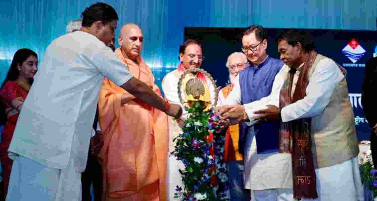 Union Parliamentary Affairs and Minority Affairs Minister Kiren Rijiju lighting the lamp to inaugurate the Sparsh Himalaya Mahotsav  at the “Lekhak Gaon” (Writer's Village) on the outskirts of Dehradun.
