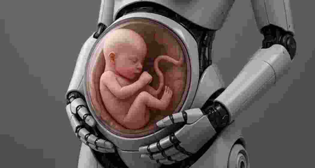 A prototype humanoid torso housing an artificial womb, part of China’s gestation robot project. 