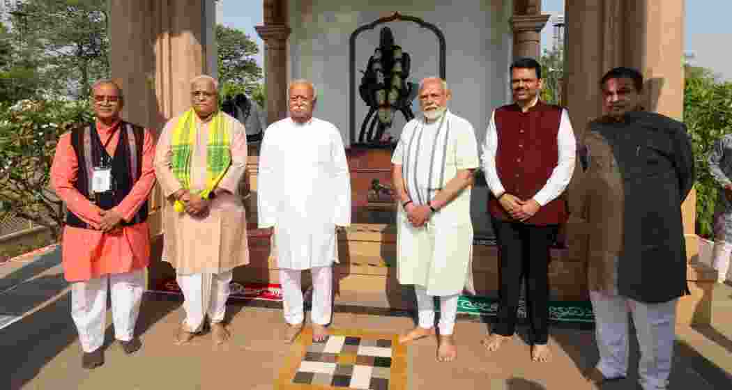 Prime Minister Narendra Modi with RSS chief Mohan Bhagwat, Union Minister Nitin Gadkari and Maharashtra Chief Minister Devendra Fadnavis at the RSS founder KB Hedgewar's memorial, in Nagpur, Sunday, March 30, 2025. (PTI Photo)