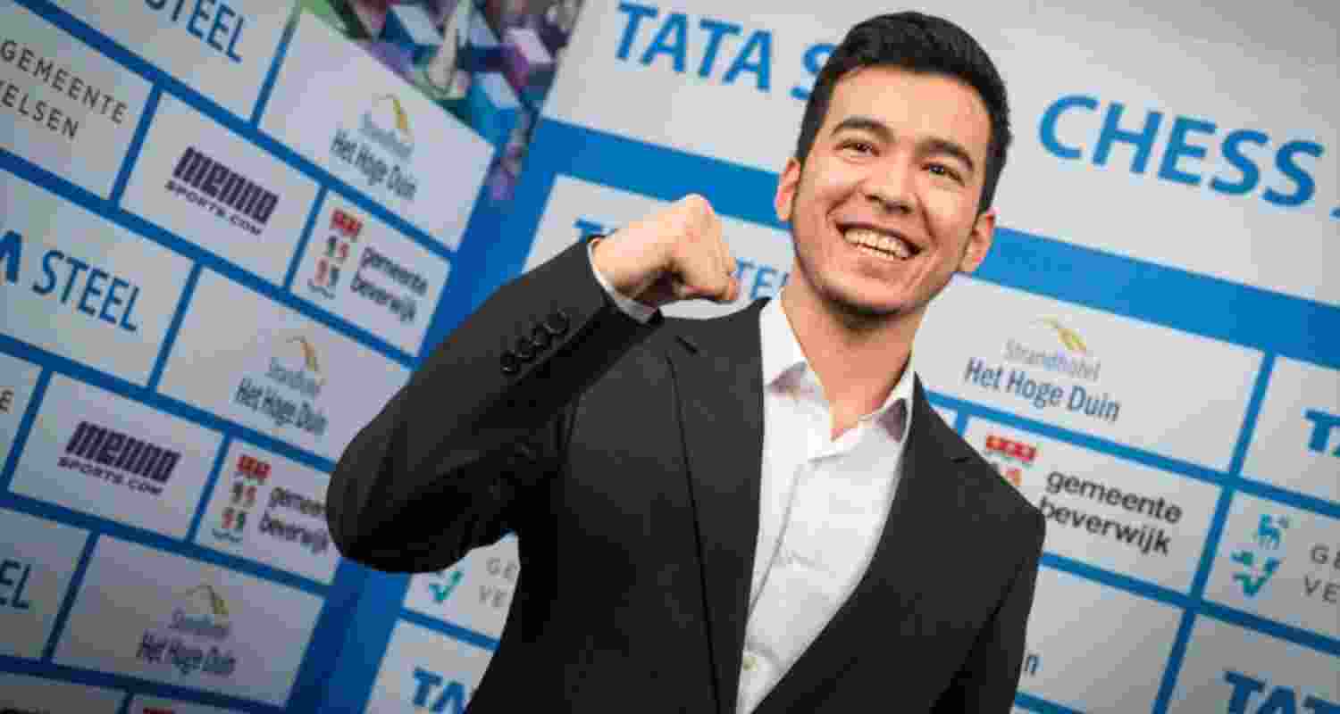 Nodirbek Abdusattorov of Uzbekistan reacts after winning the Tata Steel Masters title.