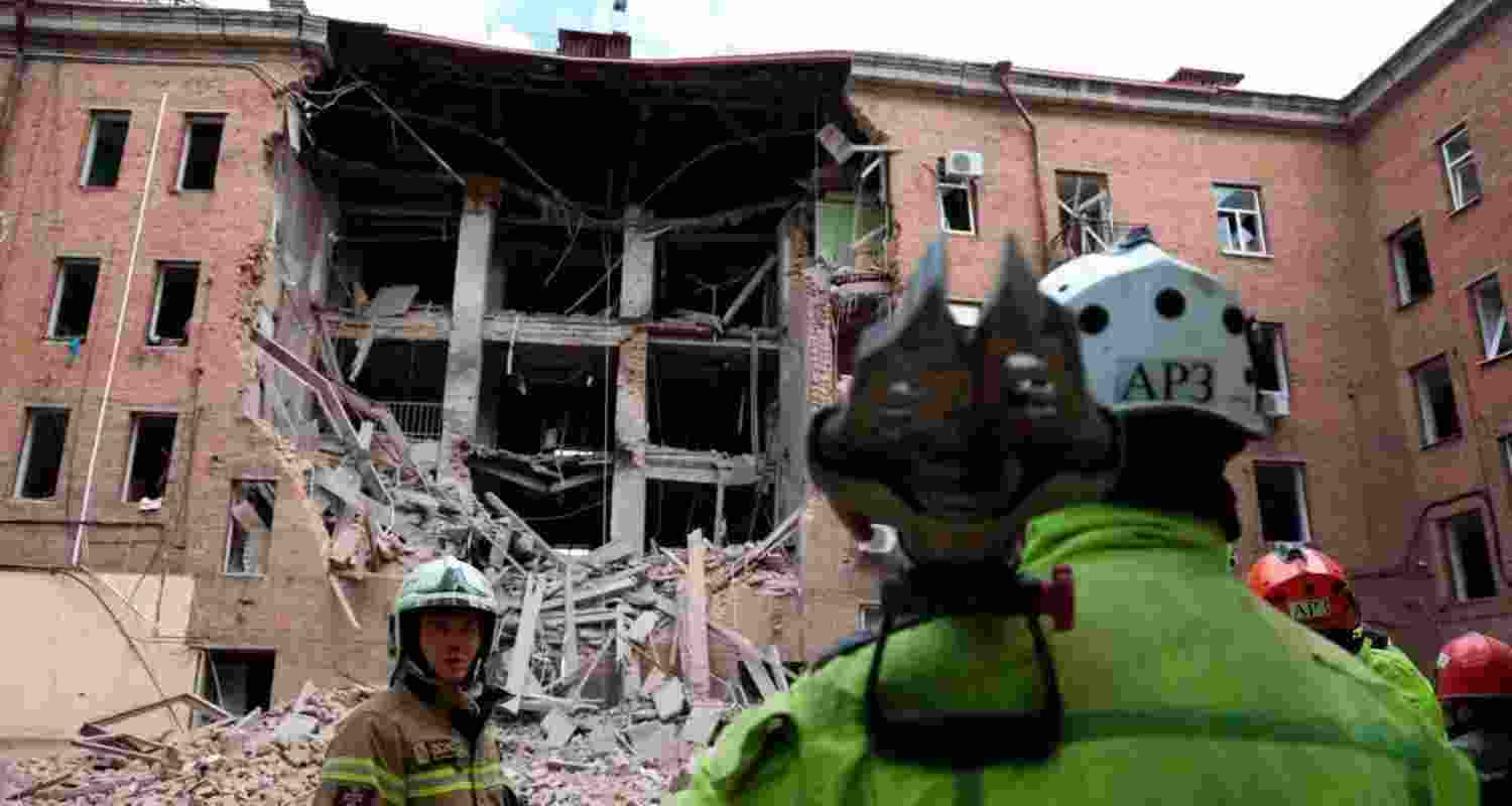A razed building in Dnipro, Ukraine after the city was struck by Russian drones and missiles.