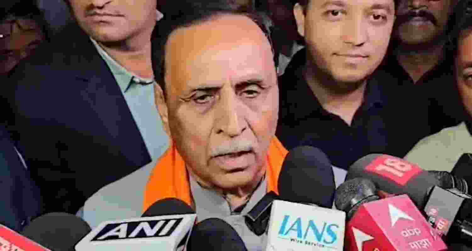 BJP observer for Maharashtra and former Gujarat CM Vijay Rupani speaks to reporters.