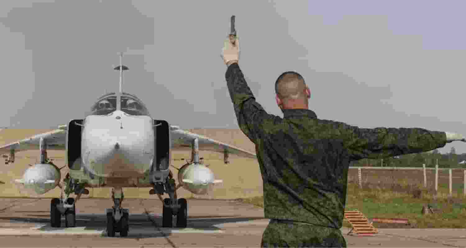 Handout from Russia’s defence ministry shows a Russian warplane preparing for flight during the Zapad exercises, September 2025. 