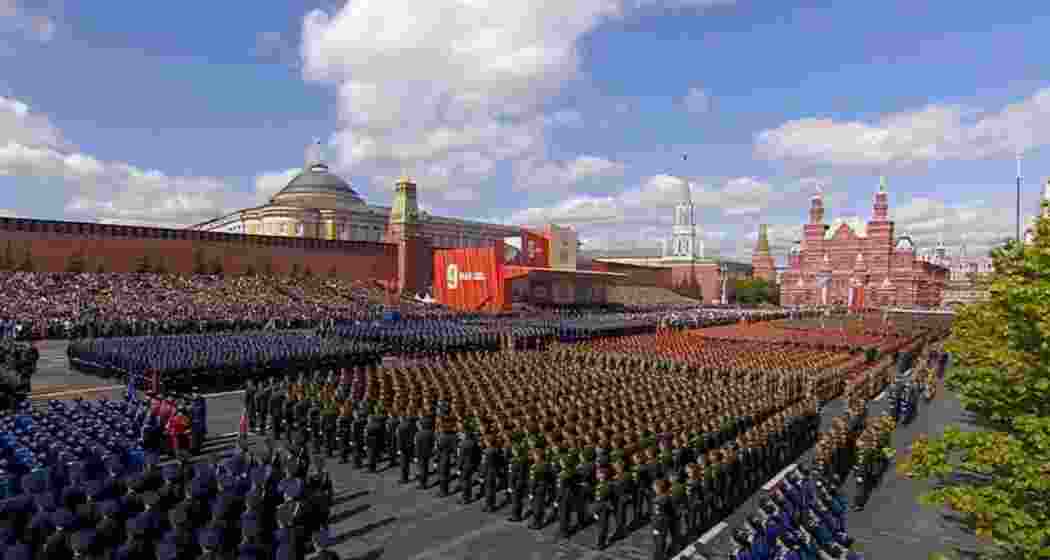 Russian troops march through Red Square during the 80th anniversary Victory Day parade in Moscow, commemorating the Soviet Union’s triumph over Nazi Germany in the Second World War.