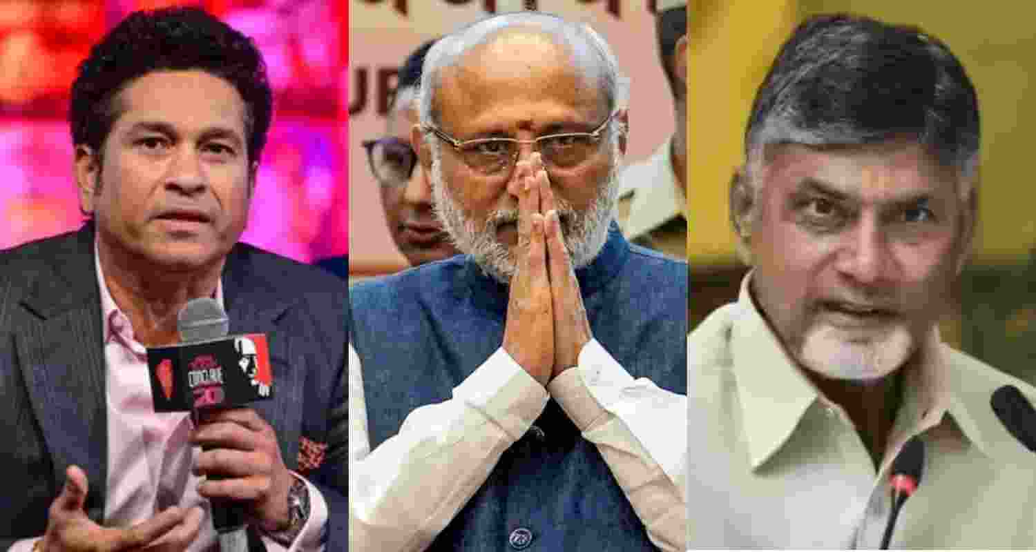 (From left to right) Former cricketer Sachin Tendulkar, Vice President CP Radhakrishnan, and Andhra Pradesh Chief Minister N Chandrababu Naidu. 
