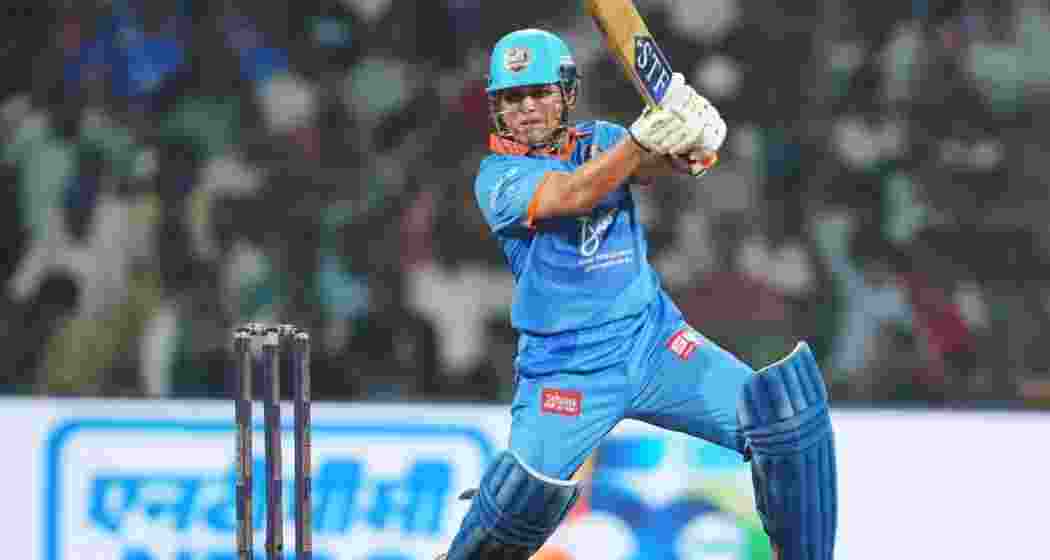 Sachin Tendulkar in action during the IML 2025 at Vadodra, Gujarat. The master blaster rolled back the years with a blistering 64, but his valiant effort was in vain as India Masters succumbed to a 95-run defeat against Australia Masters in IML 2025.