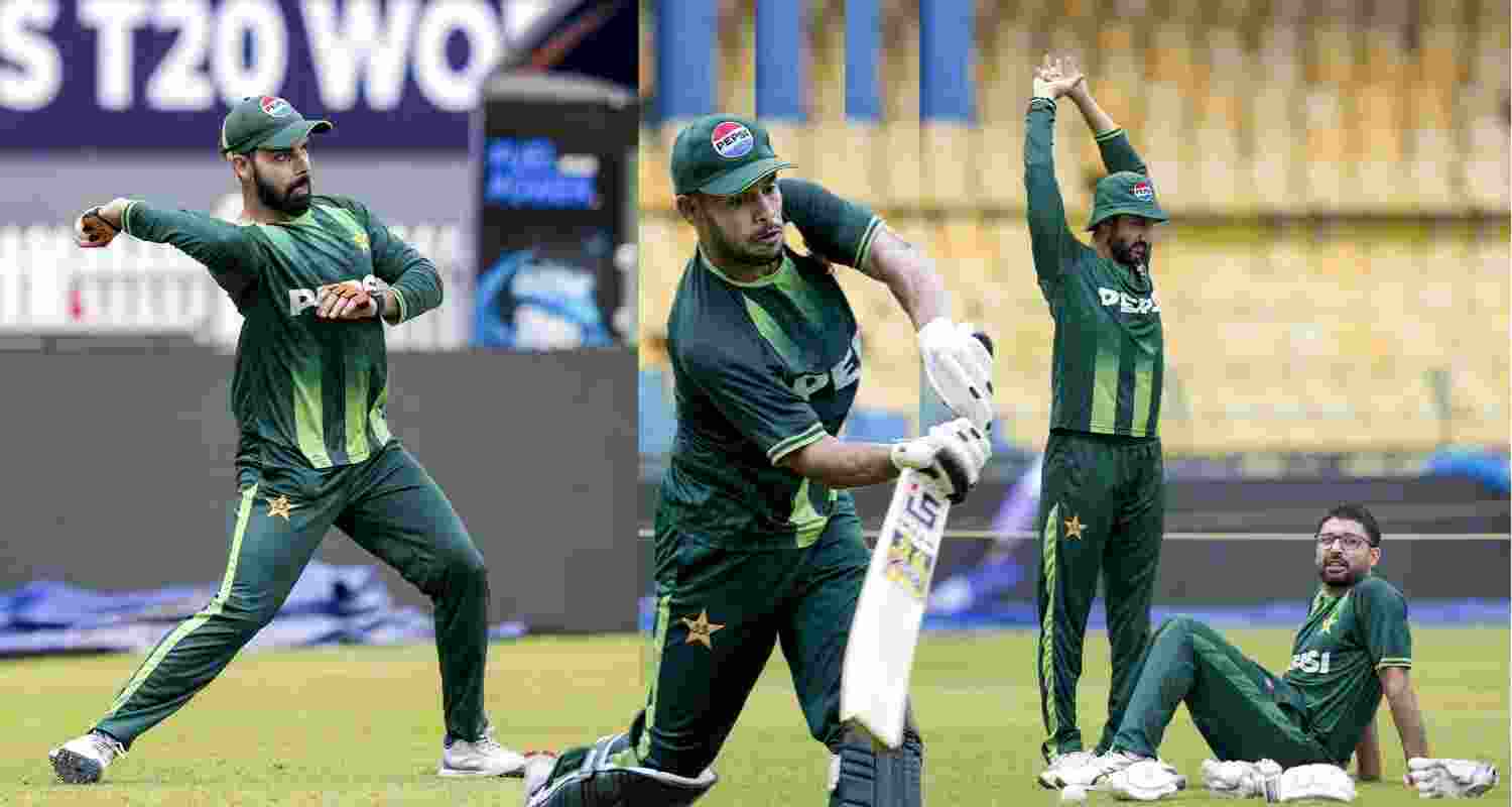 Pakistan’s Shadab Khan, Usman Khan and Salman Ali Agha during a practice session ahead of the ICC T20 World Cup match between India and Pakistan at the R Premadasa Stadium in Colombo, Sri Lanka, on Saturday.