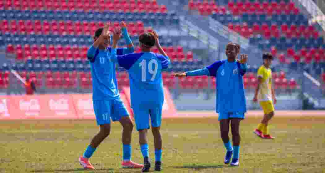 India players celebrates after scoring during the SAFF Under-19 Women’s Championship match against Bhutan in Pokhara on Wednesday, as India sealed a final berth with an 8-0 win.