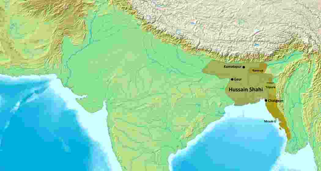 A map showing the medieval Bengal Sultanate’s territory, including parts of modern-day West Bengal, Bihar, Jharkhand, Odisha, Tripura, Assam, and other northeastern states of India.