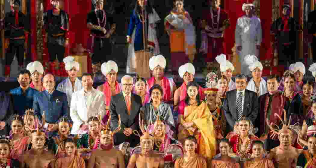 Governor Ajay Kumar Bhalla poses with participants and artistes from across Manipur during the 12th Sangai Festival at Hapta Kangjeibung, Imphal.