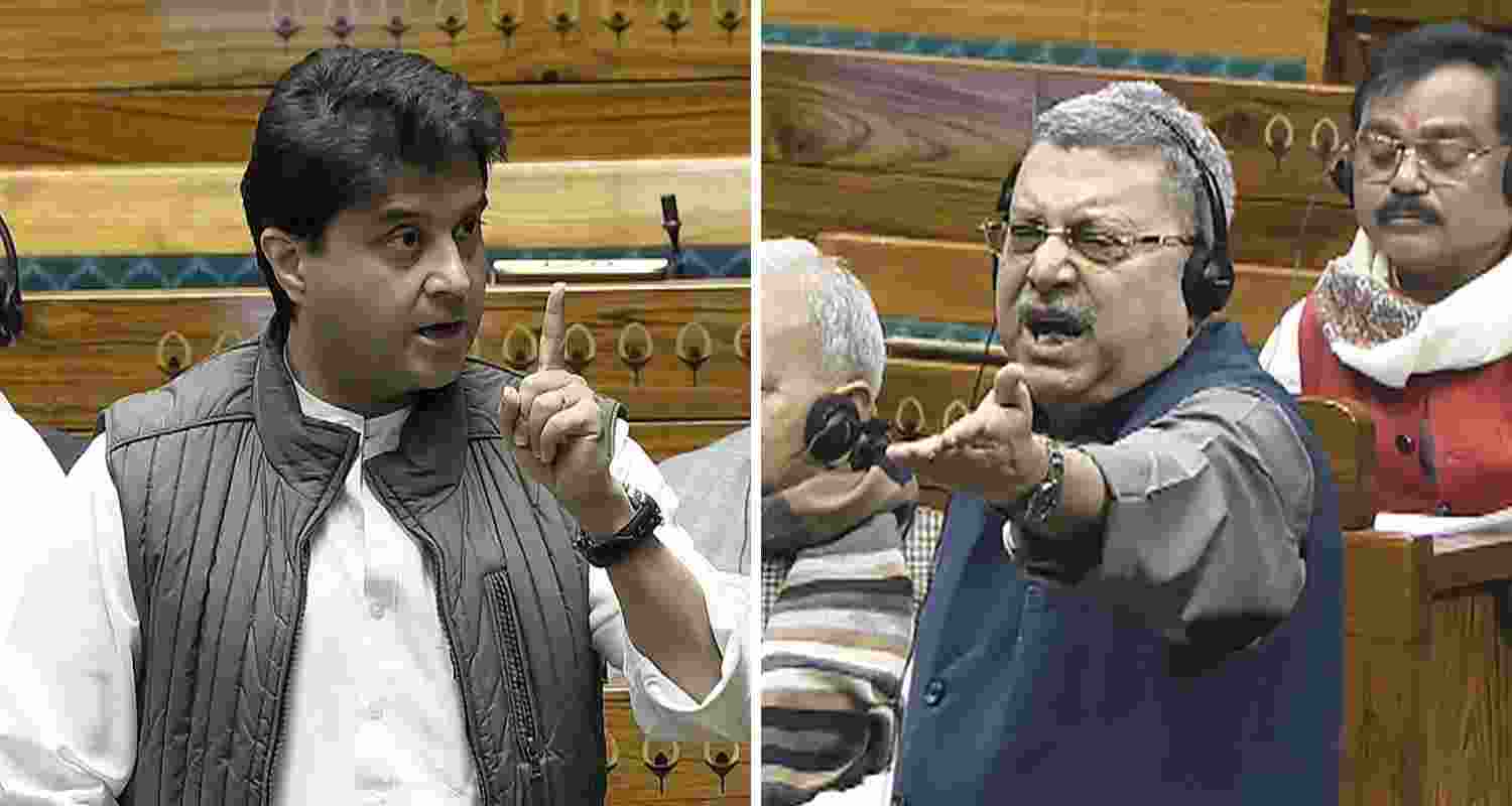 BJP MP Jyotiraditya Scindia and TMC MP Kalyan Banerjee got into a heated exchange in the Lok Sabha, Wednesday,