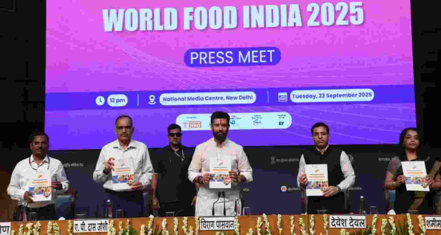 Union Food Processing Industry Minister Chirag Paswan and senior officials of his ministry releasing a booklet "Frequently asked questions on different concepts of food processing" during a media briefing on World Food India in New Delhi on Tuesday.