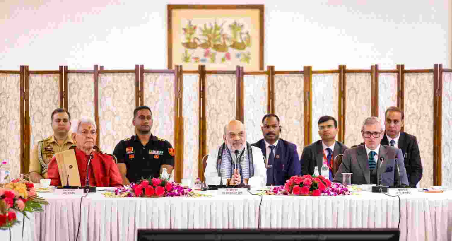 Union Home Minister Amit Shah, J&K Lt. Governor Manoj Sinha and Chief Minister Omar Abdullah during a meeting to review the development projects in Jammu & Kashmir.