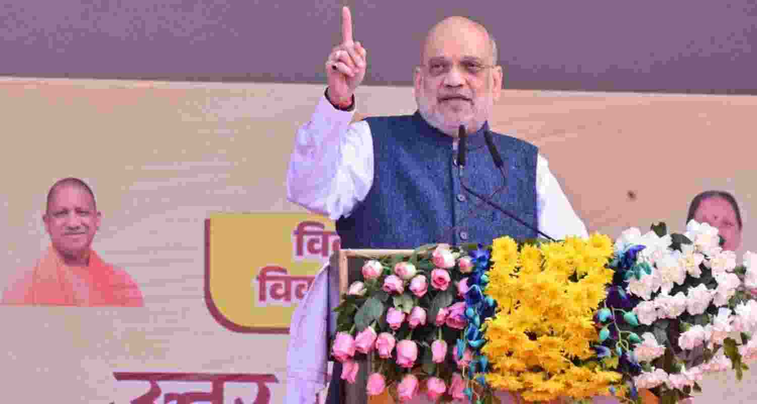 Union Home Minister Amit Shah speaks at Uttar Pradesh foundation day celebrations at Rashtra Prerna Sthal on Saturday. Union Home Minister Amit Shah speaks at Uttar Pradesh foundation day celebrations at Rashtra Prerna Sthal on Saturday.