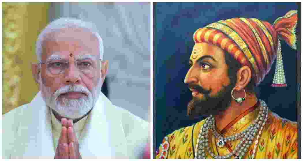 Prime Minister Narendra Modi and a painting of Maratha King Chhatrapati Shivaji Maharaj. File photo.