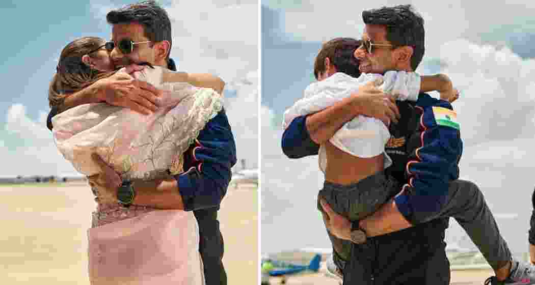 Group Captain Shubhanshu Shukla embraces his wife Kamna and six-year-old son Kiash in Houston, following his 18-day space mission aboard the International Space Station. (Photo: @ISROSpaceflight/X)