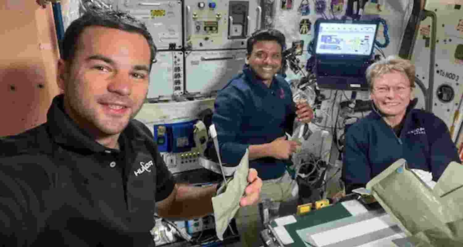 Astronaut Shubhanshu Shukla with crew members of the Axiom-4 mission and International Space Station (ISS).