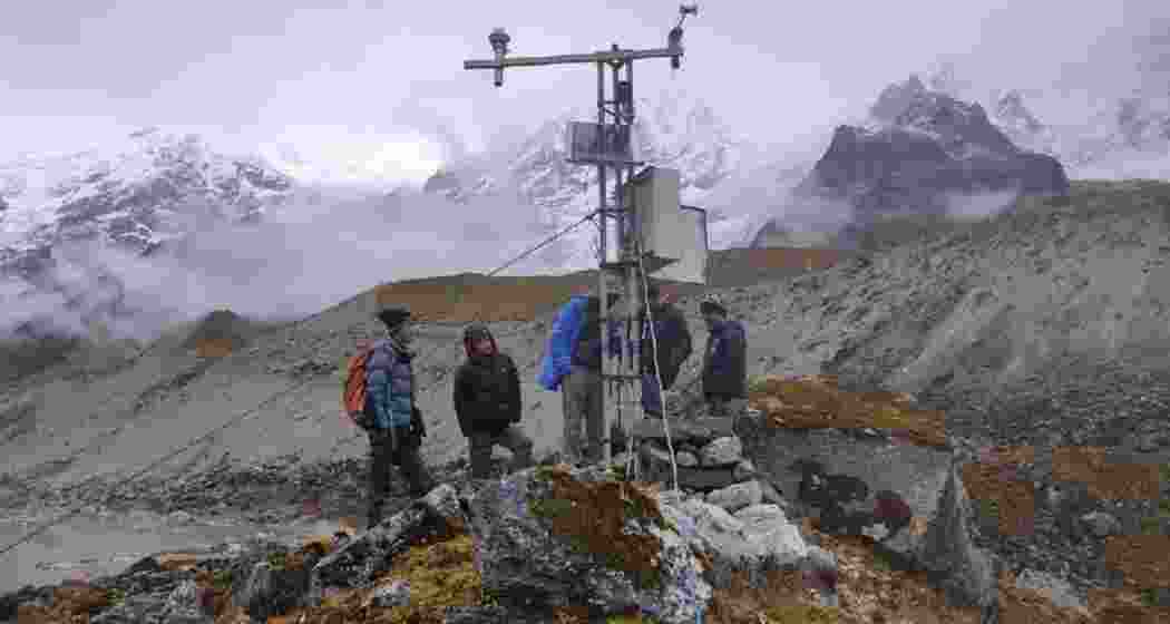Scientists from the Department of Science and Technology (DST), Government of Sikkim, conducting research at East Rathong Glacier in Gyalshing district, Khangchendzonga National Park, at an elevation of 4,600 to 6,700 meters.