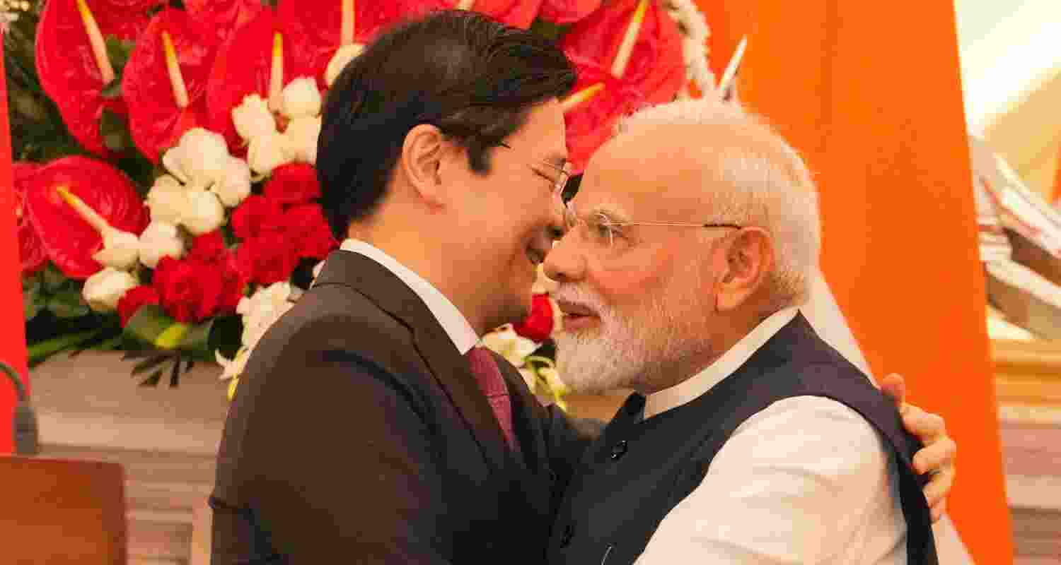 Prime Minister Narendra Modi with his Singaporean counterpart Lawrence Wong during a joint press statement after a meeting, at the Hyderabad House, in New Delhi, Thursday.