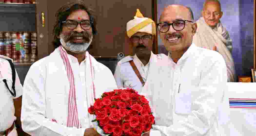 Jharkhand Chief Minister Hemant Soren greets Speaker Rabindra Nath Mahto at State Assembly in Ranchi on Monday.