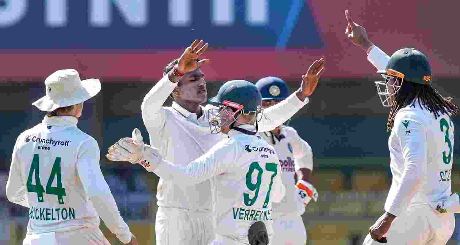 South African players celebrate the dismissal of India's Sai Sudharsan during the fifth day of the second Test cricket match between India and South Africa, at ACA Stadium, Barsapara in Guwahati, Wednesday.